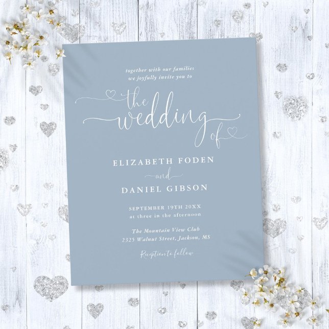 Budget Dusty Blue Hearts Script Wedding Invite (Budget Dusty Blue Hearts Script Wedding Invite)