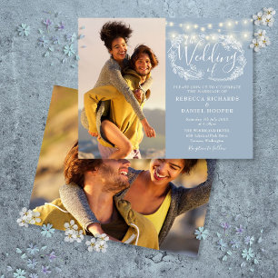 Budget Dusty Blue Lights 2 Photo Wedding Invite