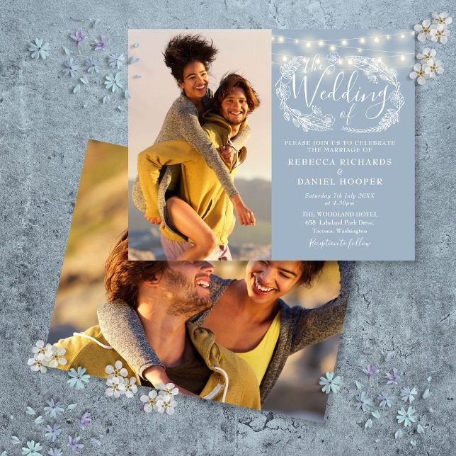 Budget Dusty Blue Lights 2 Photo Wedding Invite (Budget Dusty Blue Lights 2 Photo Wedding Invite)