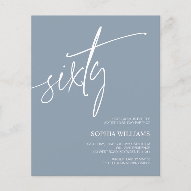 Budget Dusty Blue Minimal 60th Birthday Invitation (Front)