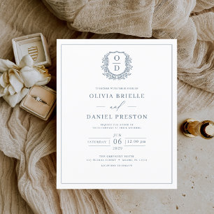 Budget Dusty Blue Monogram Wedding Invitation Flyer