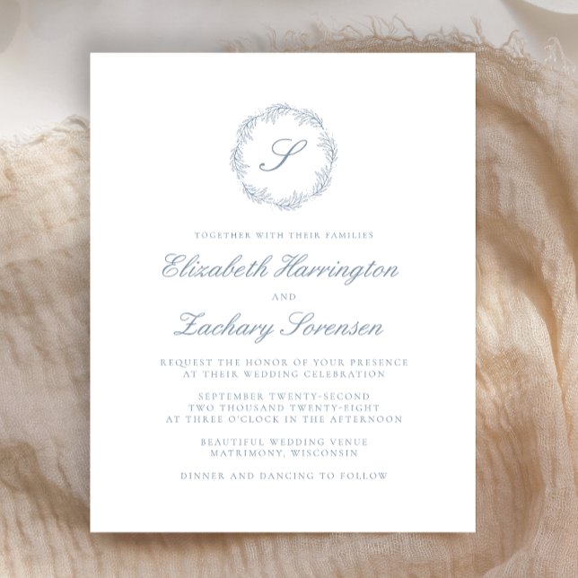 Budget Dusty Blue Monogram Wreath Script Wedding (Creator Uploaded)