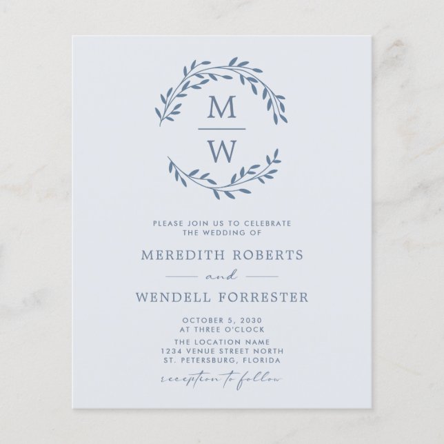 Budget Dusty Blue Monogram Wreath Wedding Invite (Front)