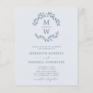 Budget Dusty Blue Monogram Wreath Wedding Invite