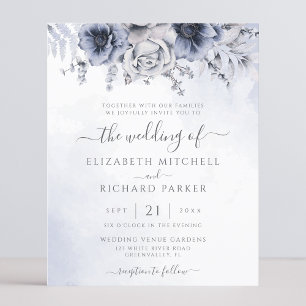 Budget Dusty Blue Navy Floral Wedding Invitation
