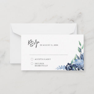BUDGET Dusty Blue Navy Floral Wedding RSVP Card