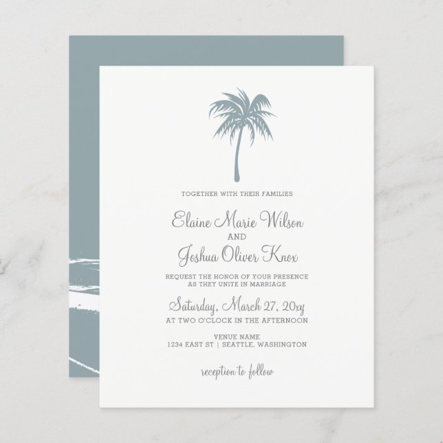 Budget Dusty Blue Palm Tree Wedding Invitations (Front/Back)