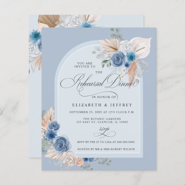 Budget Dusty Blue Pampas Rehearsal Dinner Invite (Front/Back)
