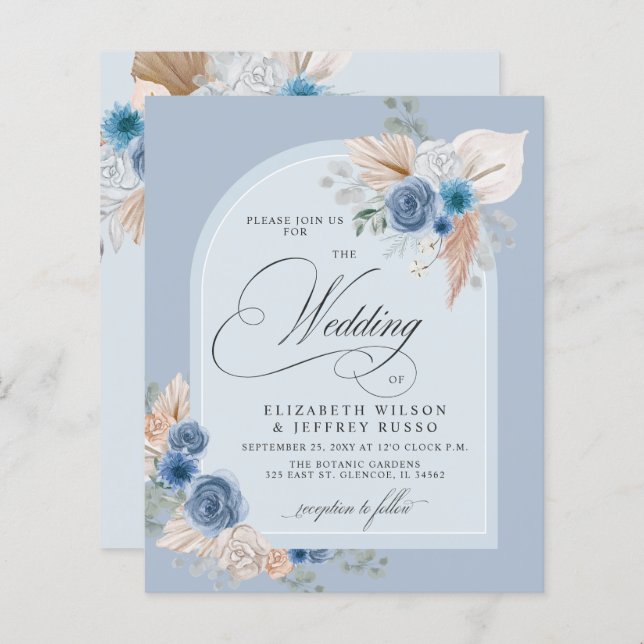 Budget Dusty Blue Pampas Wedding Invitation (Front/Back)