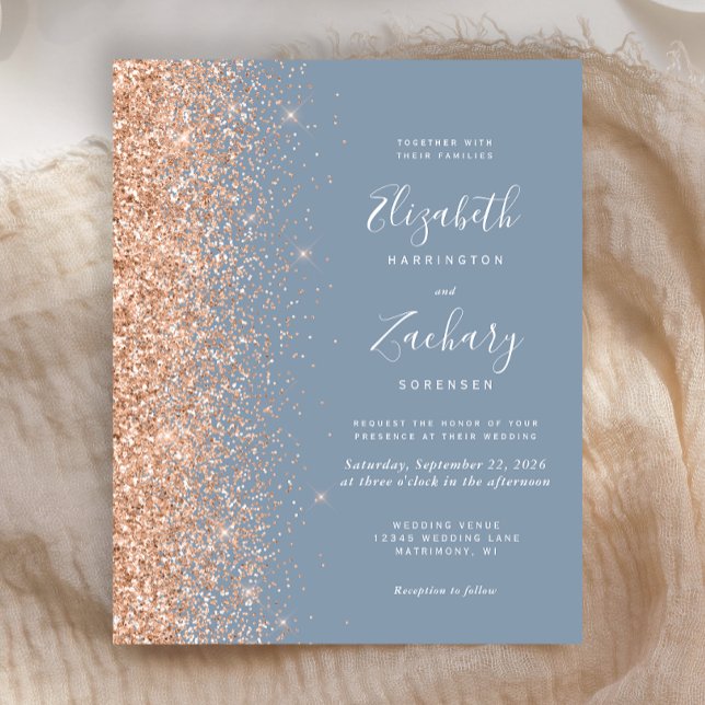 Budget Dusty Blue Peach Glitter Wedding Invite (Creator Uploaded)