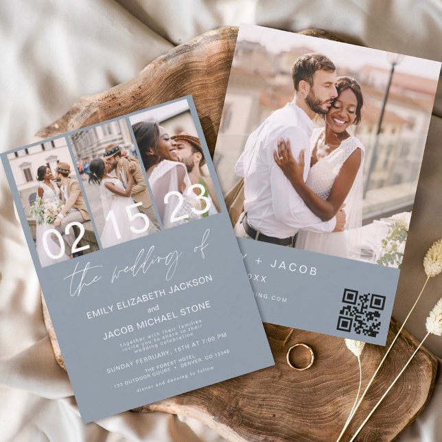 Budget Dusty Blue Photo QR code Wedding Invitation (Creator Uploaded)