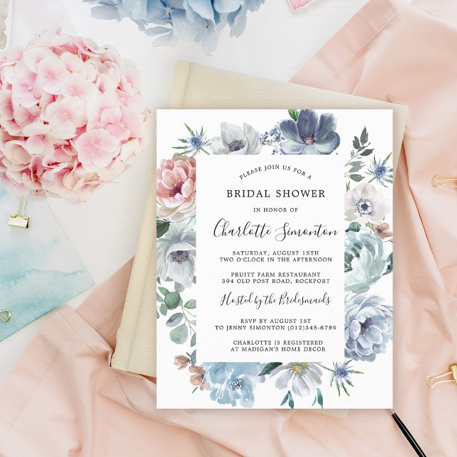 Budget Dusty Blue Pink Floral Bridal Shower Invite (Creator Uploaded)