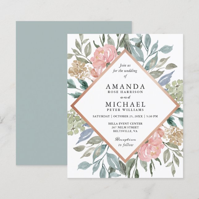 Budget Dusty Blue Pink Floral Wedding Invitations (Front/Back)