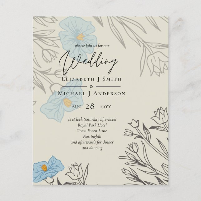 BUDGET Dusty Blue Poppy Magnolia Wedding Invite (Front)