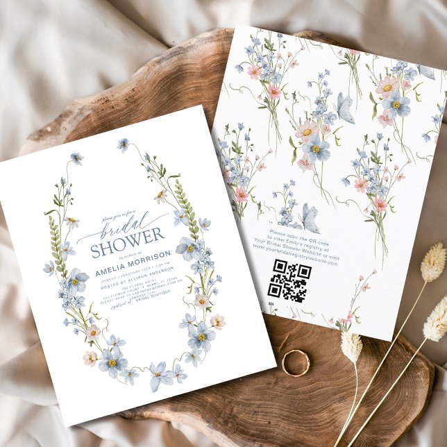 Budget Dusty Blue QR Code Bridal Shower Invitation (Creator Uploaded)