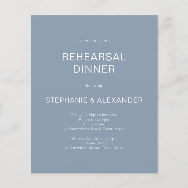 Budget Dusty Blue QR Code Rehearsal Dinner Invite (Front)