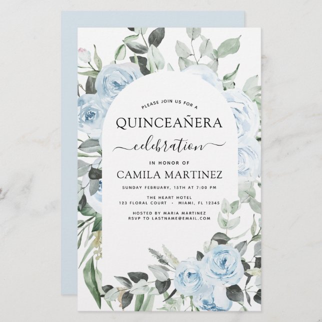 Budget Dusty Blue Quinceañera Floral Invitation (Front/Back)