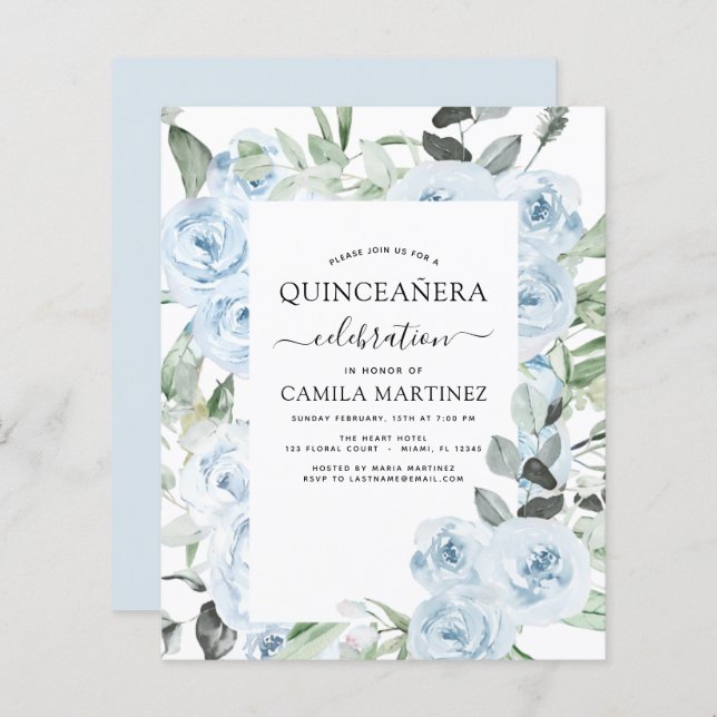 Budget Dusty Blue Quinceañera Floral Invitation (Front/Back)