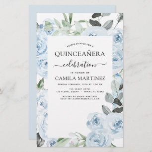 Budget Dusty Blue Quinceañera Floral Invitation