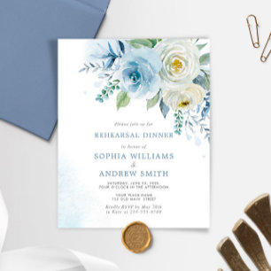 Budget Dusty Blue Rose Rehearsal Dinner Invitation