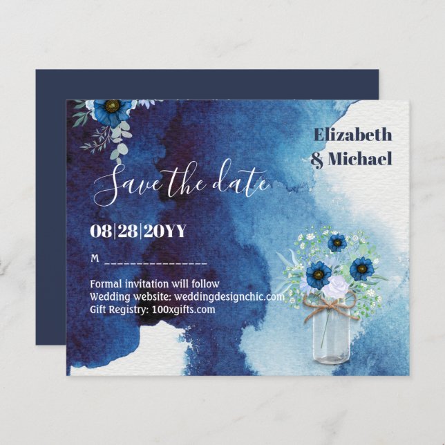 BUDGET Dusty Blue Save Dates Monochromatic Wedding (Front/Back)