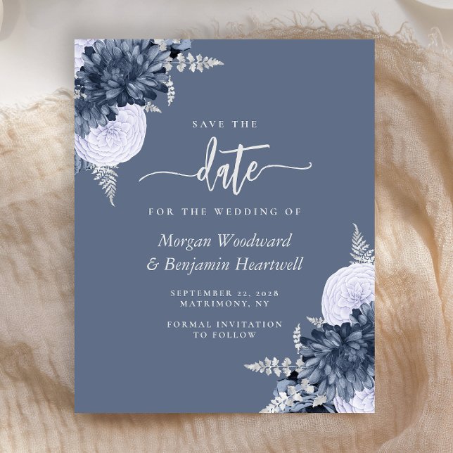 Budget Dusty Blue Silver Floral Save the Date (Creator Uploaded)