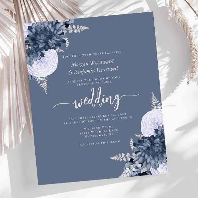 Budget Dusty Blue Silver Floral Wedding Invite (Creator Uploaded)