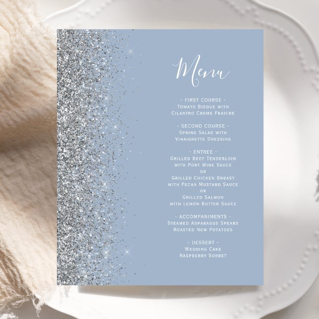 Budget Dusty Blue Silver Glitter Edge Wedding Menu (Creator Uploaded)