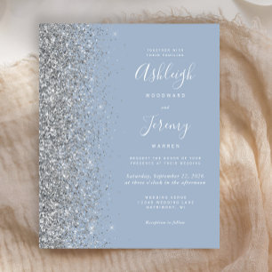 Budget Dusty Blue Silver Glitter Wedding Invite