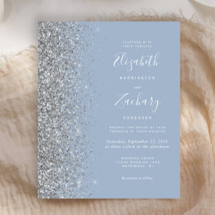 Budget Dusty Blue Silver Glitter Wedding Invite