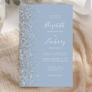 Budget Dusty Blue Silver Glitter Wedding Invite