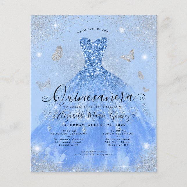 Budget Dusty Blue Silver Gown Quinceanera Invite (Front)