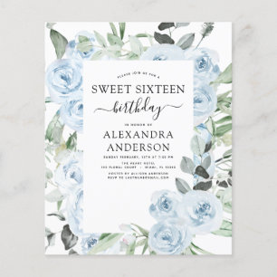 Budget Dusty Blue Sweet 16 Birthday Invitation Flyer