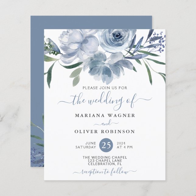 Budget Dusty Blue Watercolor Floral Wedding (Front/Back)