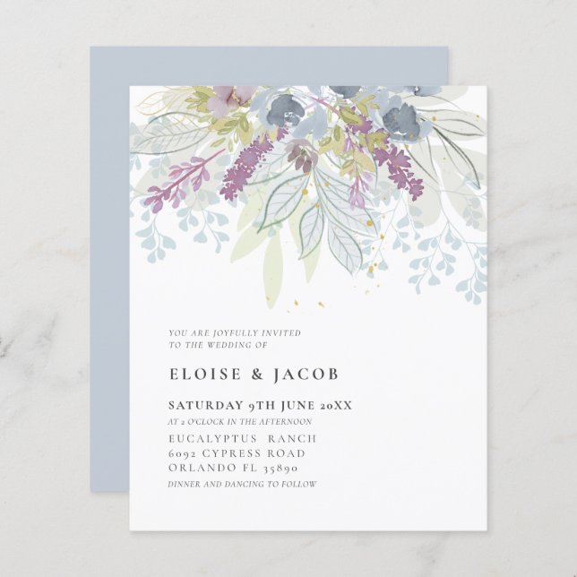 Budget Dusty Blue Watercolor Foliage Wedding (Front/Back)
