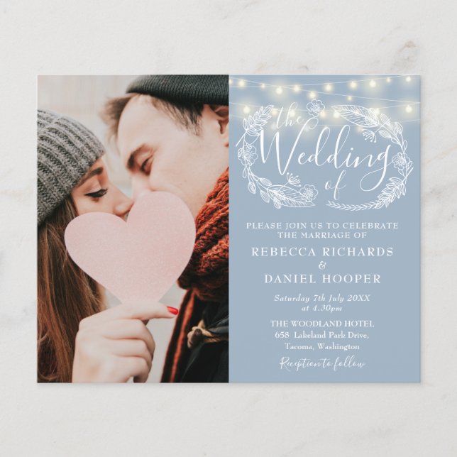 Budget Dusty Blue Wedding Details Photo Invite (Front)