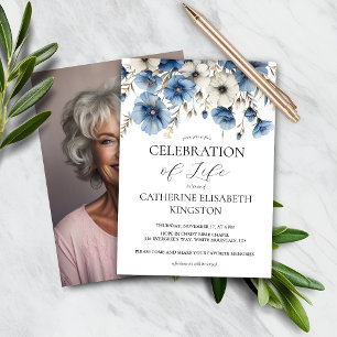 Budget Dusty Blue White Floral Memorial Invite