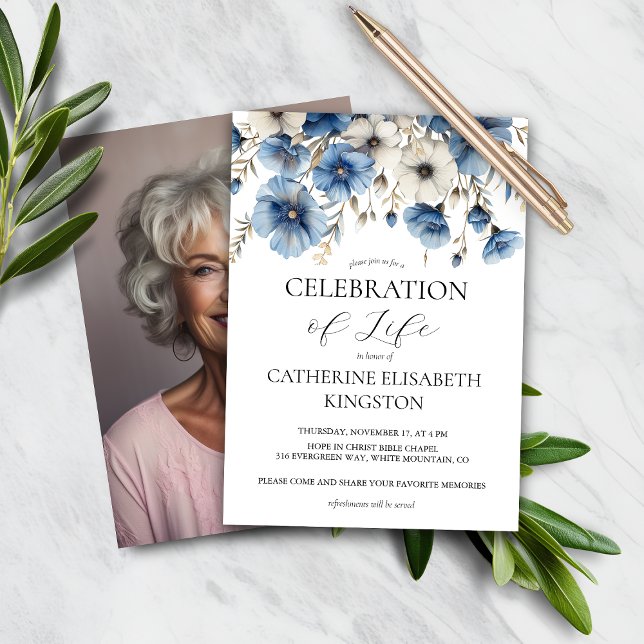 Budget Dusty Blue White Floral Memorial Invite (Creator Uploaded)