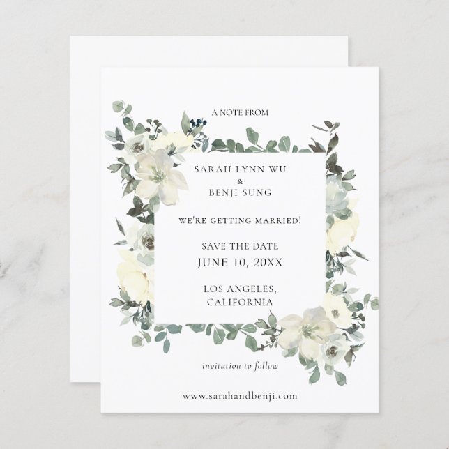 Budget Dusty Blue & White Floral Save the Date (Front/Back)