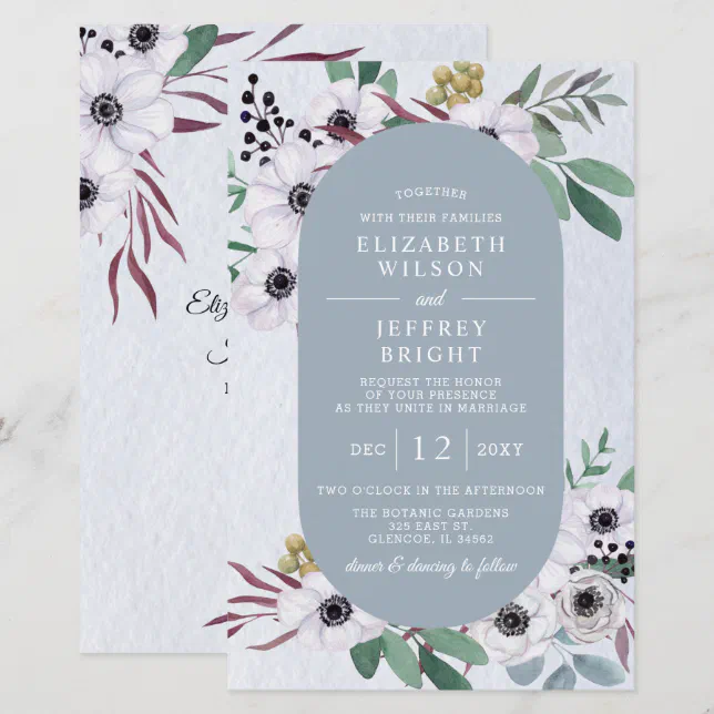 Budget Dusty Blue White Floral Wedding Invitation | Zazzle