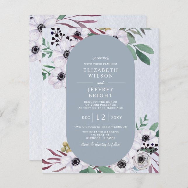 Budget Dusty Blue White Floral Wedding Invitation (Front/Back)