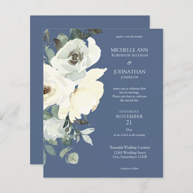 Budget Dusty Blue & White on Blue Floral Wedding (Front/Back)