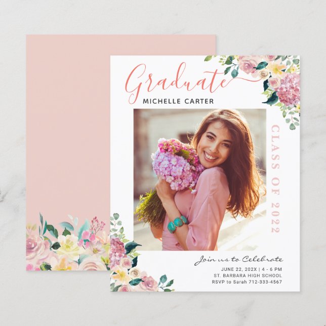 Budget Dusty Floral Photo Graduation Announcement (Front/Back)
