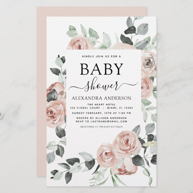 Budget Dusty Pink Baby Shower Floral Invitation (Front/Back)