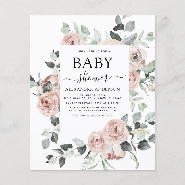 Budget Dusty Pink Baby Shower Floral Invitation Flyer (Front)