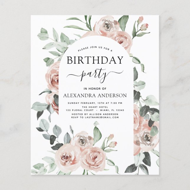 Budget Dusty Pink Birthday Party Floral Invitation Flyer (Front)