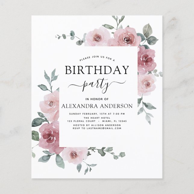 Budget Dusty Pink Birthday Party Floral Invitation Flyer (Front)