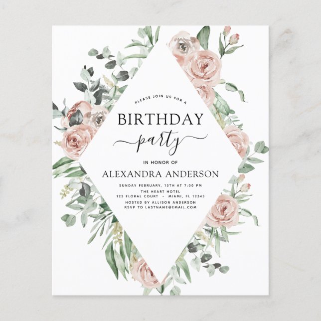 Budget Dusty Pink Birthday Party Floral Invitation Flyer (Front)