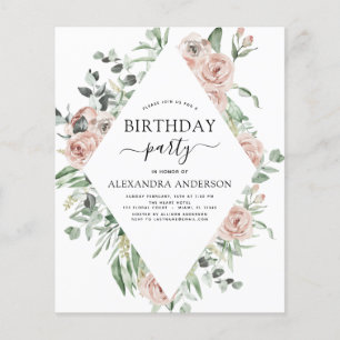 Budget Dusty Pink Birthday Party Floral Invitation Flyer