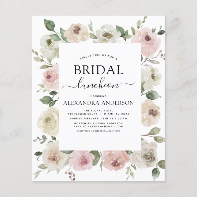 Budget Dusty Pink Bridal Shower Luncheon Floral Flyer (Front)